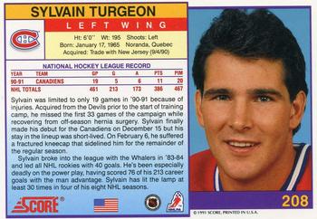 1991-92 Score American #208 Sylvain Turgeon Back