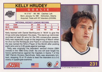 1991-92 Score American #231 Kelly Hrudey Back