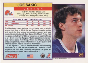 1991-92 Score American #25 Joe Sakic Back