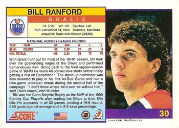 1991-92 Score American #30 Bill Ranford Back