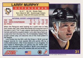 1991-92 Score American #31 Larry Murphy Back