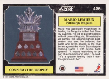 1991-92 Score American #426 Mario Lemieux Back