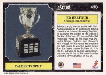 1991-92 Score American #430 Ed Belfour Back