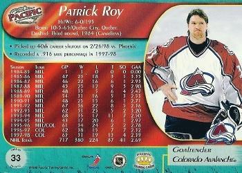 1998-99 Pacific - Ice Blue #33 Patrick Roy Back