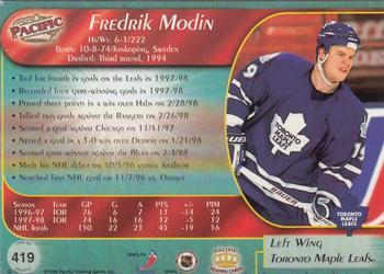 1998-99 Pacific - Ice Blue #419 Fredrik Modin Back