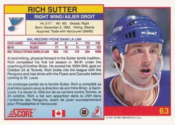 1991-92 Score Canadian Bilingual #63 Rich Sutter Back