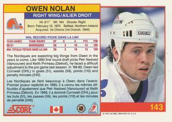1991-92 Score Canadian Bilingual #143 Owen Nolan Back