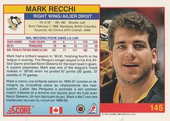 1991-92 Score Canadian Bilingual #145 Mark Recchi Back