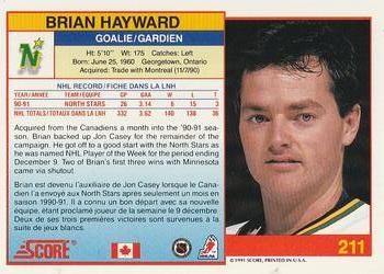 1991-92 Score Canadian Bilingual #211 Brian Hayward Back