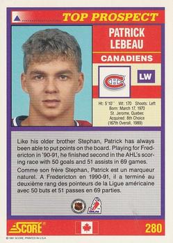 1991-92 Score Canadian Bilingual #280 Patrick Lebeau Back