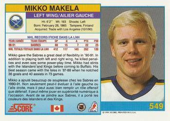 1991-92 Score Canadian Bilingual #549 Mikko Makela Back