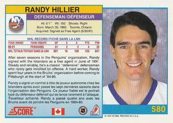 1991-92 Score Canadian Bilingual #580 Randy Hillier Back