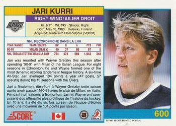 1991-92 Score Canadian Bilingual #600 Jari Kurri Back