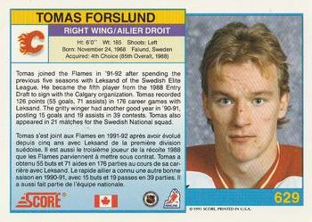 1991-92 Score Canadian Bilingual #629 Tomas Forslund Back