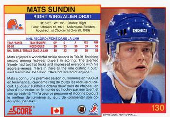 1991-92 Score Canadian Bilingual #130 Mats Sundin Back