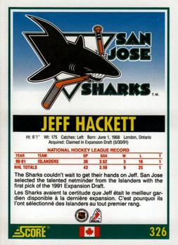 1991-92 Score Canadian Bilingual #326 Jeff Hackett Back