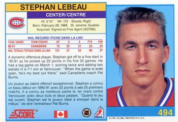 1991-92 Score Canadian Bilingual #494 Stephan Lebeau Back
