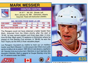 1991-92 Score Canadian Bilingual #635 Mark Messier Back