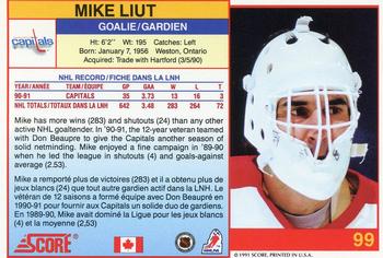 1991-92 Score Canadian Bilingual #99 Mike Liut Back