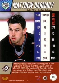 1998-99 Pacific Dynagon Ice - Red #16 Matthew Barnaby Back