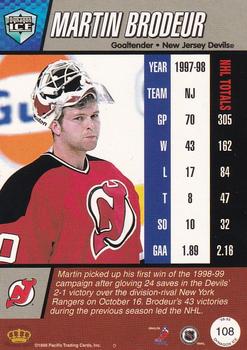 1998-99 Pacific Dynagon Ice - Red #108 Martin Brodeur Back