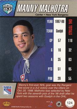 1998-99 Pacific Dynagon Ice - Red #124 Manny Malhotra Back