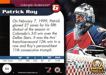 1998-99 Pacific Omega - Opening Day Issue #64 Patrick Roy Back