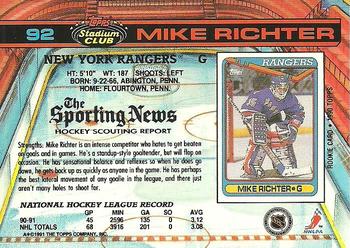 1991-92 Stadium Club #92 Mike Richter Back