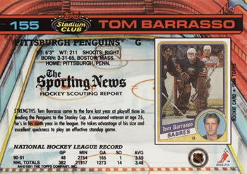 1991-92 Stadium Club #155 Tom Barrasso Back