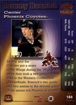 1998-99 Pacific Paramount - Ice Blue #184 Jeremy Roenick Back