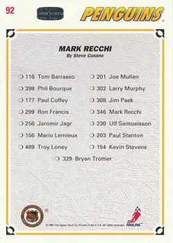 1991-92 Upper Deck #92 Mark Recchi Back