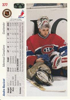 1991-92 Upper Deck #377 Andre Racicot Back