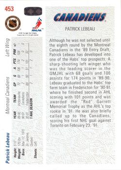 1991-92 Upper Deck #453 Patrick Lebeau Back