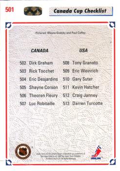 1991-92 Upper Deck #501 Canada Cup Checklist (Wayne Gretzky / Paul Coffey) Back
