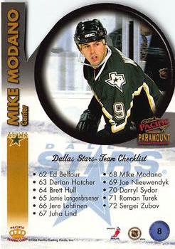 1998-99 Pacific Paramount - Team Checklists Die Cuts #8 Mike Modano Back