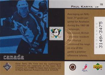 1998-99 SPx Finite - Radiance #116 Paul Kariya Back