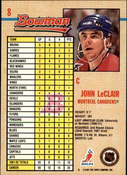 1992-93 Bowman #8 John LeClair Back