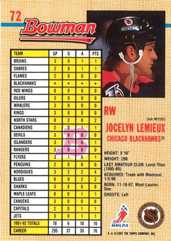 1992-93 Bowman #72 Jocelyn Lemieux Back