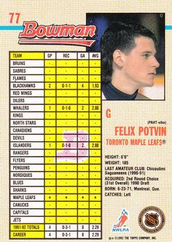 1992-93 Bowman #77 Felix Potvin Back