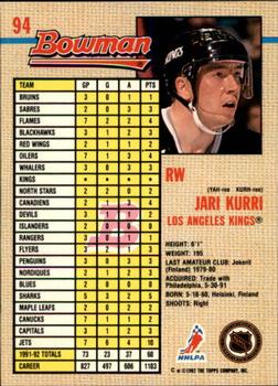 1992-93 Bowman #94 Jari Kurri Back