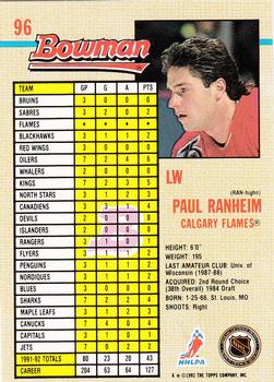 1992-93 Bowman #96 Paul Ranheim Back