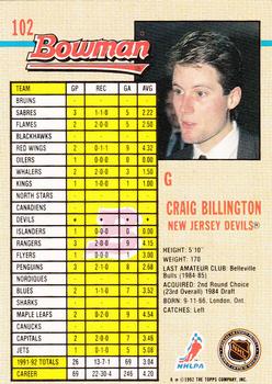 1992-93 Bowman #102 Craig Billington Back