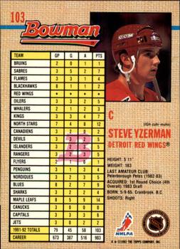 1992-93 Bowman #103 Steve Yzerman Back