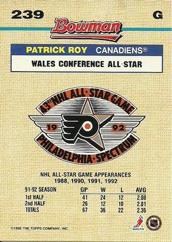 1992-93 Bowman #239 Patrick Roy Back