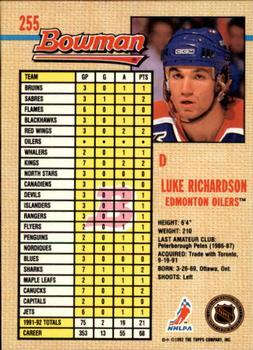 1992-93 Bowman #255 Luke Richardson Back