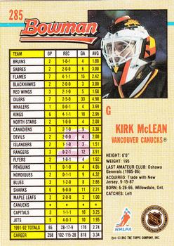 1992-93 Bowman #285 Kirk McLean Back