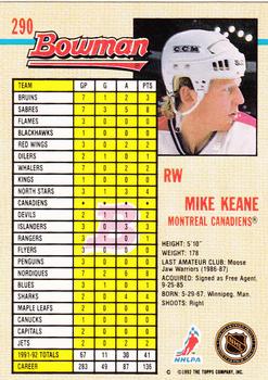 1992-93 Bowman #290 Mike Keane Back