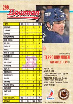 1992-93 Bowman #299 Teppo Numminen Back