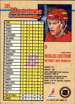 1992-93 Bowman #305 Nicklas Lidstrom Back