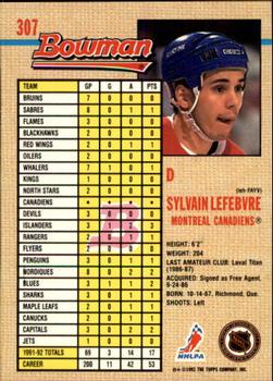 1992-93 Bowman #307 Sylvain Lefebvre Back